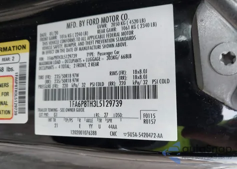 2020 Ford Mustang Ecoboost Fastback z USA, uszkodzony, nr VIN 1FA6P8TH3L5129739